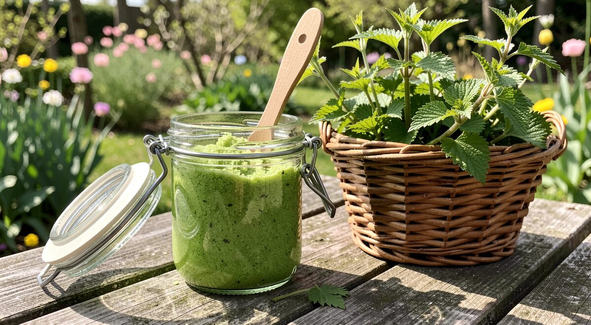 Et åbent glas med grøn urteblanding og en flettet kurv fyldt med nyplukkede urter, på et bord i den blomstrende have.