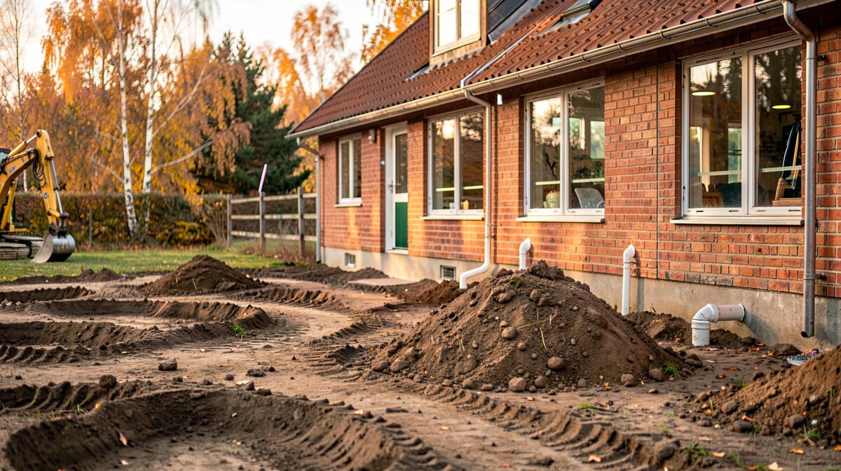 En nybygget dansk villa i efterårslys, set fra haven: gravemaskinespor i den bare jord foran facaden, en bunke afskrabet muld og et par hvide drænrør, der stikker op ved fundamentet, fotograferet i øjenhøjde med huset i baggrunden.